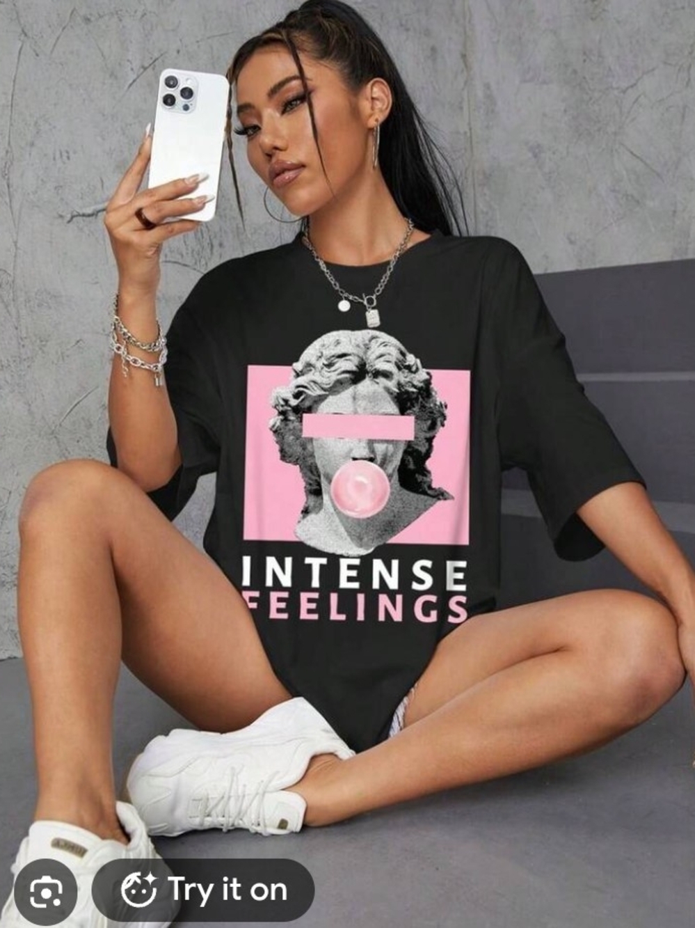 SHEIN Black Graphic Tee with Pink Print - Intense Feelings